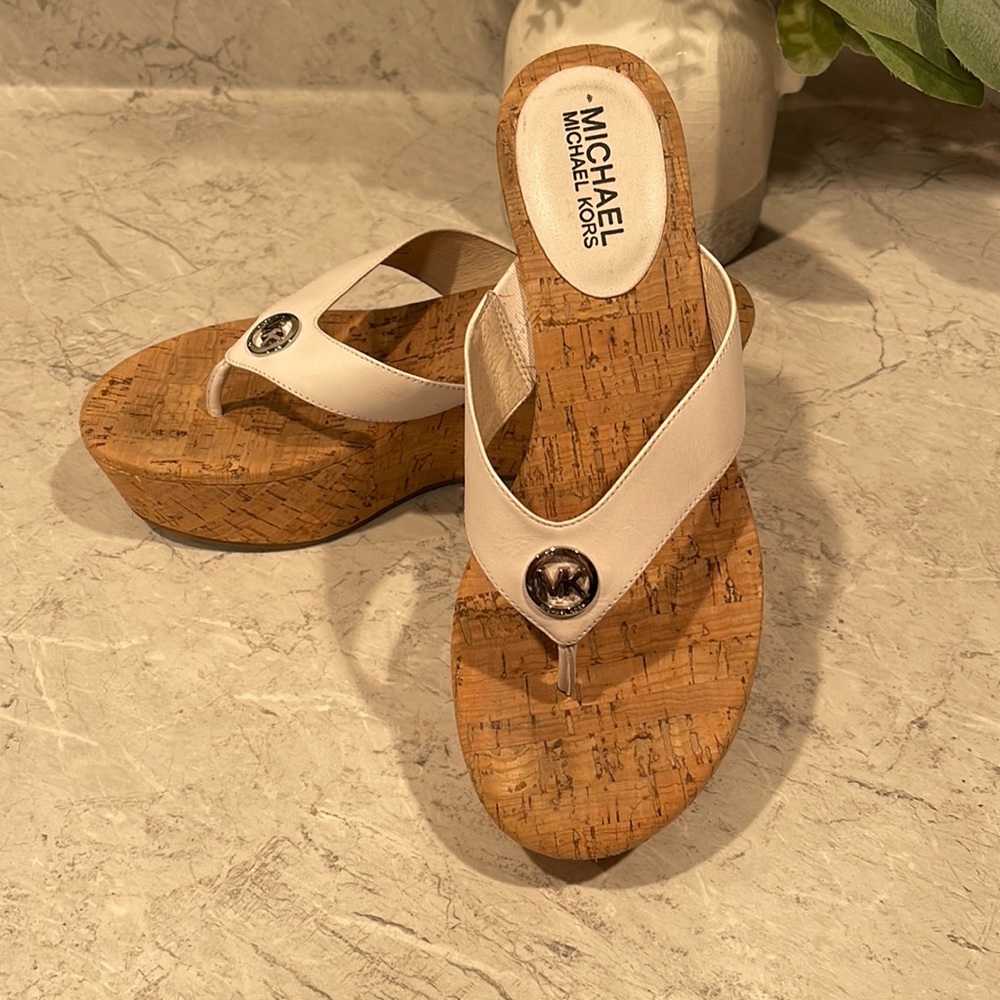 MICHAEL Michael Kors White Leather Cork Platform Thong Sandals